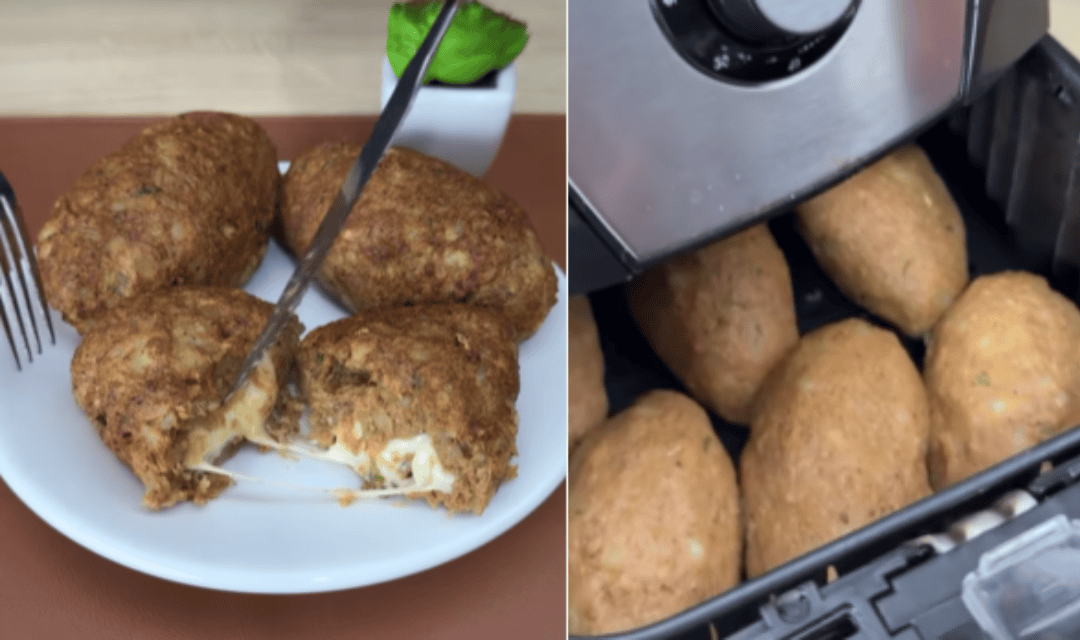 Juntei batata amassada, carne moída e queijo e fiz esse quibe de airfryer que todo mundo devorou aqui em casa