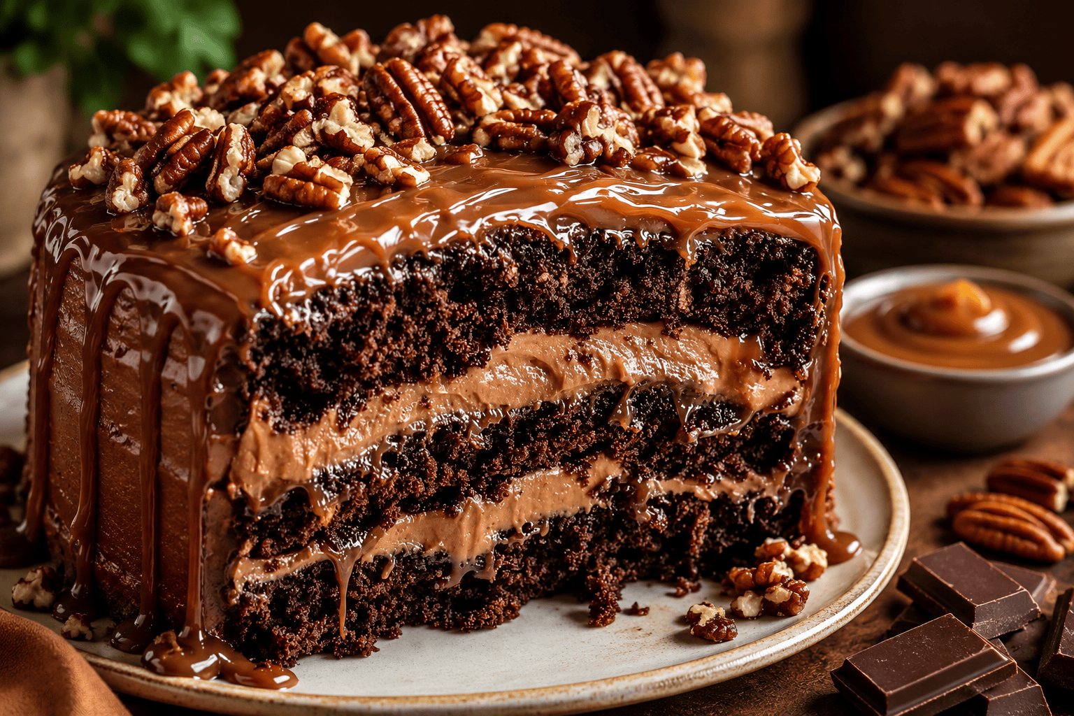 Bolo de Chocolate com Caramelo e Nozes Pecã: A Sobremesa Luxuosa que Derrete na Boca