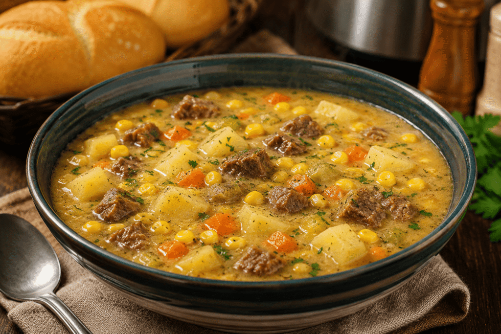 Sopa Cremosa de Carne com Batata e Milho: a receita caseira que aquece o coração e alimenta a família toda