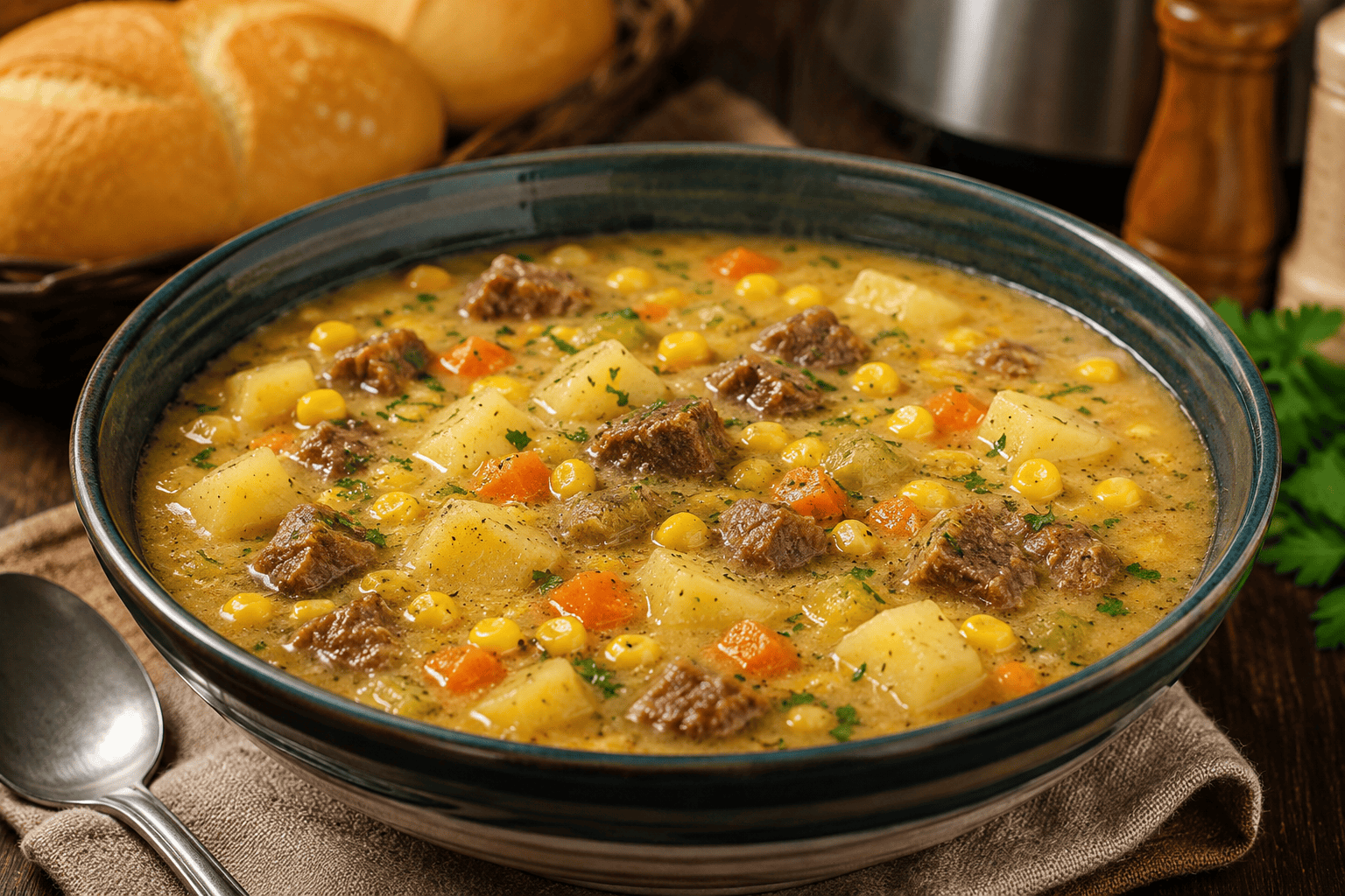 Sopa Cremosa de Carne com Batata e Milho: a receita caseira que aquece o coração e alimenta a família toda
