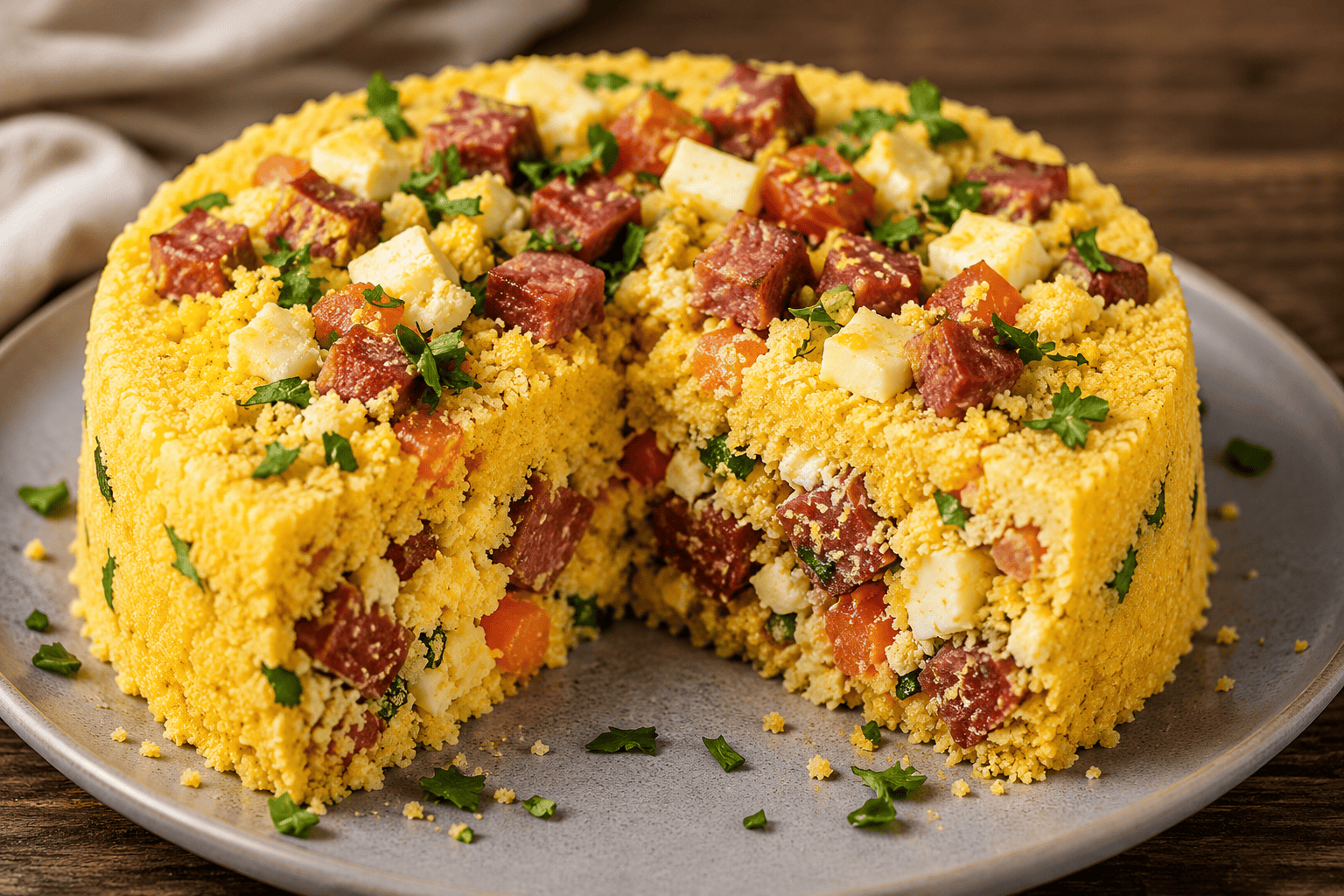 Esse Cuscuz Recheado com Calabresa fica tão saboroso que todo mundo vai pedir mais