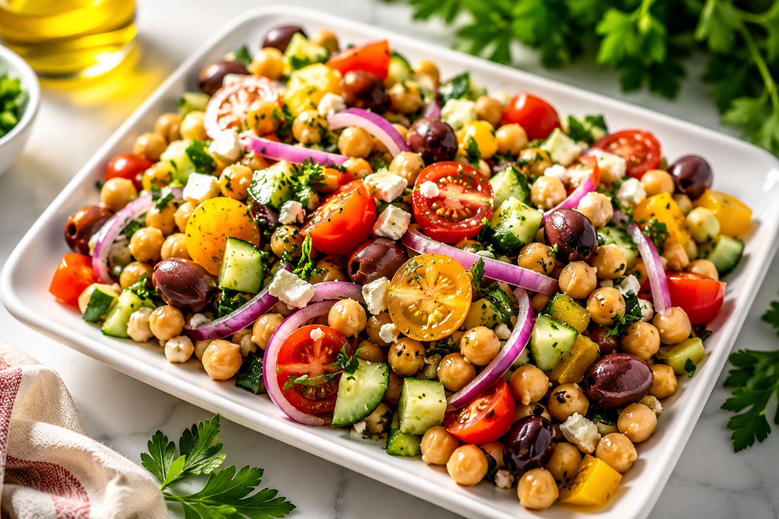 Fiz essa Salada Mediterrânea de Grão-de-Bico e até quem não gosta de salada pediu mais