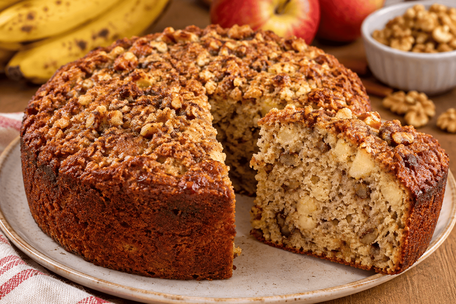 Fiz esse Bolo de Banana com Maçã e Nozes e todo mundo aqui em casa pediu mais um pedaço