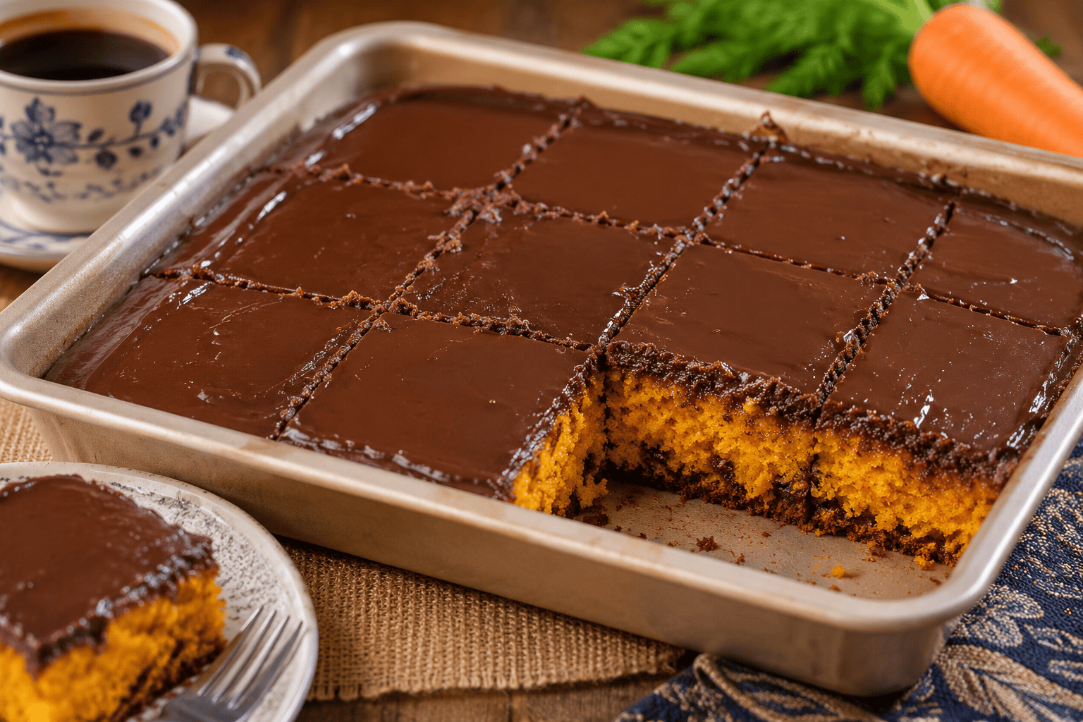 Fiz esse bolo de cenoura de travessa com cobertura de chocolate e foi impossível comer só um pedaço